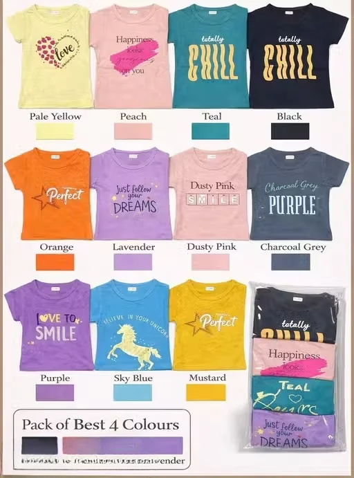 Girls Cotton Printed T Shirt Pack of 4 Assorted Colours & Cute Graphic Prints Soft Breathable Casual Half Sleeve Tees for Kids Daily Wear Summer Clothing Combo Multicolor 1-2 Years image 3