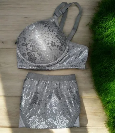 Women Light Grey Self Design Lace Padded Full Coverage Everyday Bra and Panty Set Light Grey Lace Bra Panty Set 32B thumbnail 2
