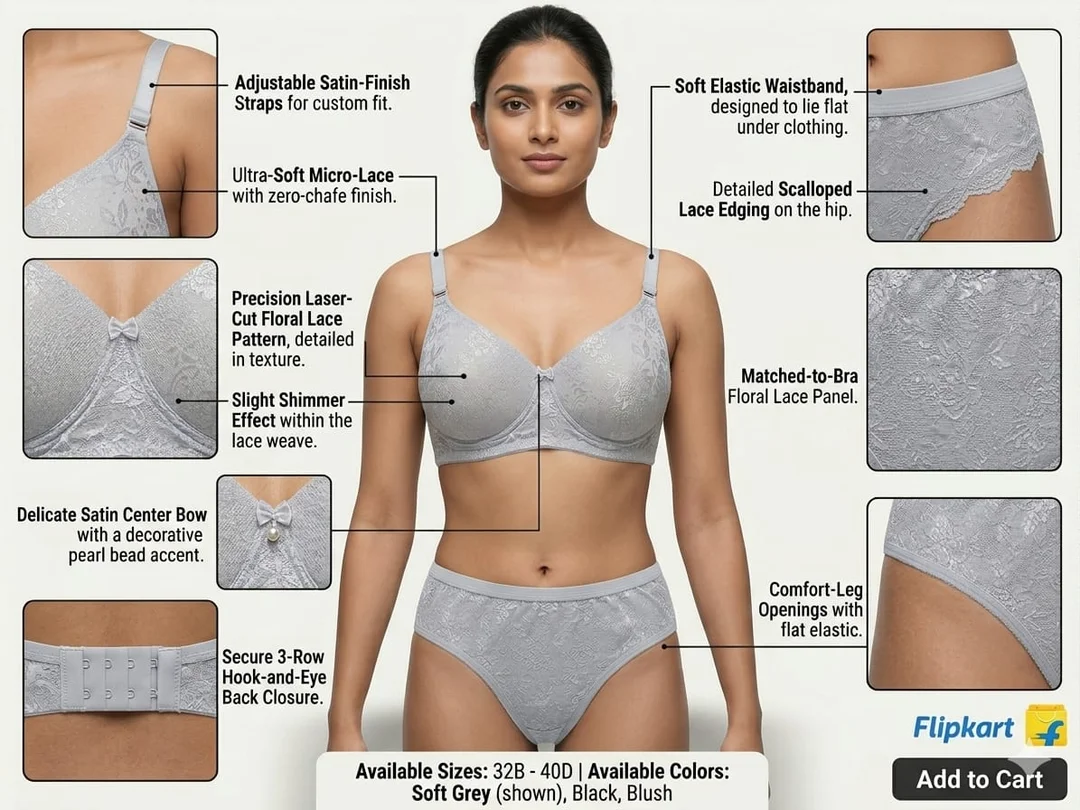 Women Light Grey Self Design Lace Padded Full Coverage Everyday Bra and Panty Set Light Grey Lace Bra Panty Set 32B image 4