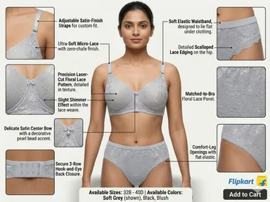 Women Light Grey Self Design Lace Padded Full Coverage Everyday Bra and Panty Set Light Grey Lace Bra Panty Set 32B thumbnail 3
