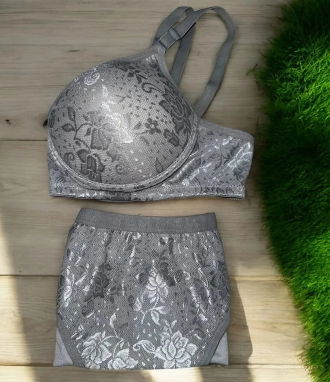 Women Light Grey Self Design Lace Padded Full Coverage Everyday Bra and Panty Set Light Grey Lace Bra Panty Set 36B image 3