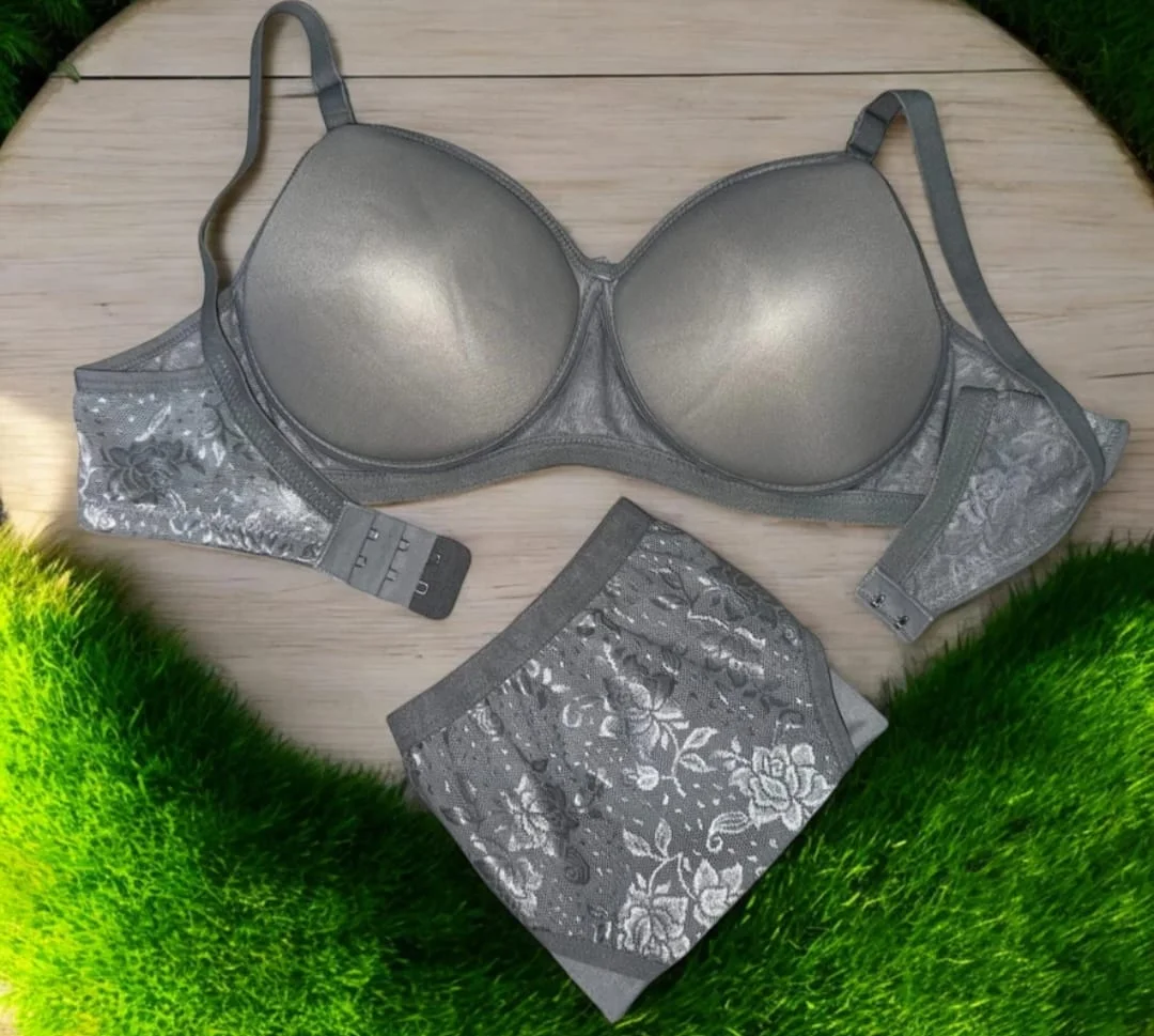 Women Light Grey Self Design Lace Padded Full Coverage Everyday Bra and Panty Set Light Grey Lace Bra Panty Set 36B image 5