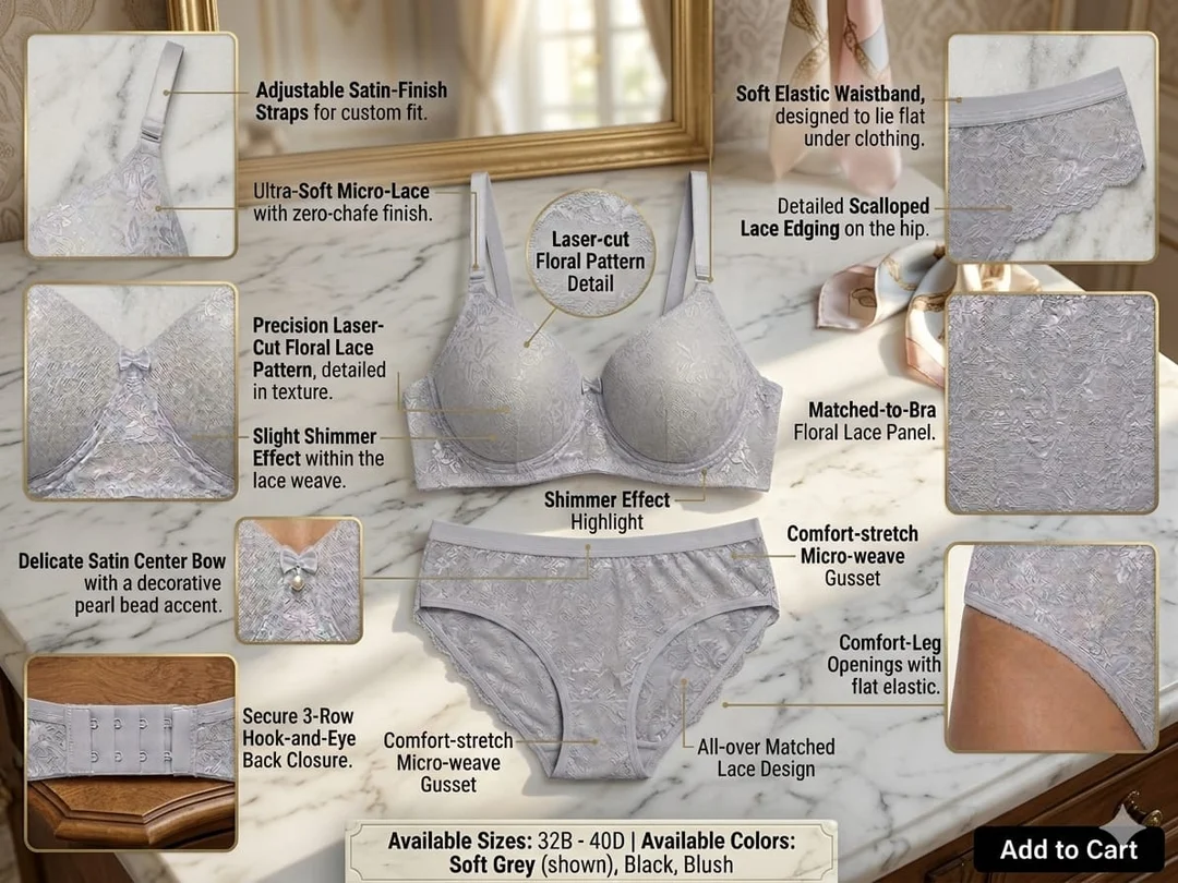 Women Light Grey Self Design Lace Padded Full Coverage Everyday Bra and Panty Set Light Grey Lace Bra Panty Set 36B image 6