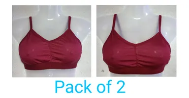 Women’s Cotton Blend Non-Padded Slip-On Sports Bra / Bralette with Thin Straps and Ruched Front (Pack of 2, Pink & Maroon) Wine & Maroon Combo (Pack of 2) 36B thumbnail 0