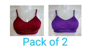 Women’s Cotton Blend Non-Padded Slip-On Sports Bra / Bralette with Thin Straps and Ruched Front (Pack of 2, Pink & Maroon) Sports Bra (34B – Maroon & Purple Combo) 36B thumbnail 0