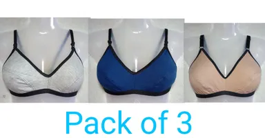 Pack of 3 Women Cotton Non-Padded Non-Wired Bra Combo (Mint Green, Cream, Skin) Grey, Blue, Beige 34A thumbnail 0