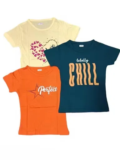 Pack of 4 Assorted Colour Girls Round Neck T Shirts for Kids & Teen Girls | Soft Cotton Casual Half Sleeve Printed Daily Wear Summer Tops Combo Set Multicolor 1-2 Years thumbnail 1