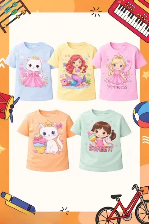 Kids Round Neck T Shirts Pack of 5 for Boys & Girls Cotton Casual Half Sleeve Printed Tees Combo Soft Breathable Daily Wear Summer Clothing Set for Kids Assorted Colours Pink 6-9 Months image 1