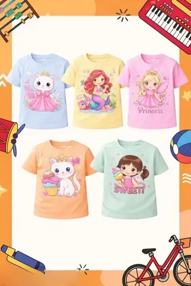Kids Round Neck T Shirts Pack of 5 for Boys & Girls Cotton Casual Half Sleeve Printed Tees Combo Soft Breathable Daily Wear Summer Clothing Set for Kids Assorted Colours Pink 3-4 Years thumbnail 0
