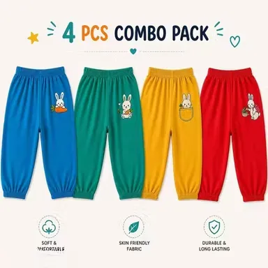 Kids Cotton Pajama Pack of 4 Assorted Colours Printed Night Pants Soft Breathable Elastic Waist Sleepwear Lounge Wear Daily Wear Bottoms for Boys & Girls Multicolor 3-6 M thumbnail 1