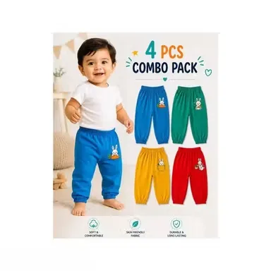Kids Cotton Pajama Pack of 4 Assorted Colours Printed Night Pants Soft Breathable Elastic Waist Sleepwear Lounge Wear Daily Wear Bottoms for Boys & Girls Multicolor 9-12 M thumbnail 0