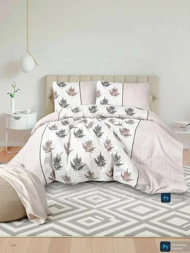 YASHI DÉCOR Premium Cotton Double Bedsheet with Pillow Covers Pastel Pink & White Fern Leaf Free Size thumbnail 2