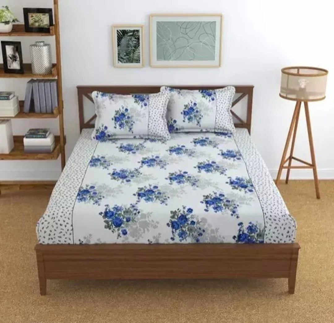YASHI DÉCOR Premium Cotton Double Bedsheet with Pillow Covers White & Blue Floral Free Size image 2