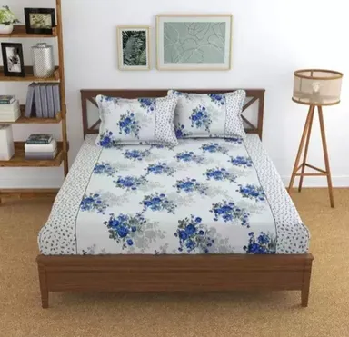 YASHI DÉCOR Premium Cotton Double Bedsheet with Pillow Covers White & Blue Floral Free Size thumbnail 1