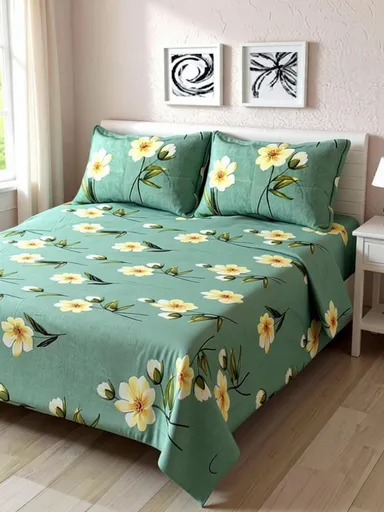Premium Cotton Double Bedsheet | Soft King Size Bedding Set with Pillow Covers | Printed Home Decor Bedsheet Green   Free Size thumbnail 1