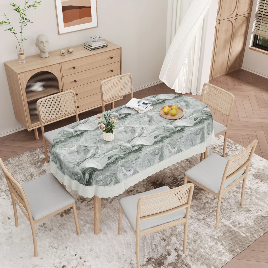 Dynamicdecor PVC 6 Seater Printed Table Cover | Waterproof Oval Dining Table Cloth | Easy Clean Table Protector for Home Decor Grey   Free Size image 2