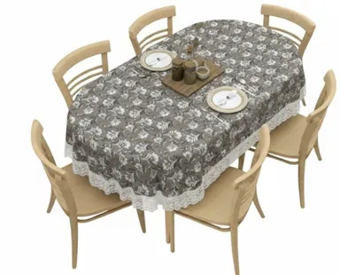 Dynamicdecor PVC 6 Seater Printed Table Cover | Waterproof Oval Dining Table Cloth | Easy Clean Table Protector for Home Decor Brown/Grey Floral, Dusty Brown   Free Size thumbnail 2