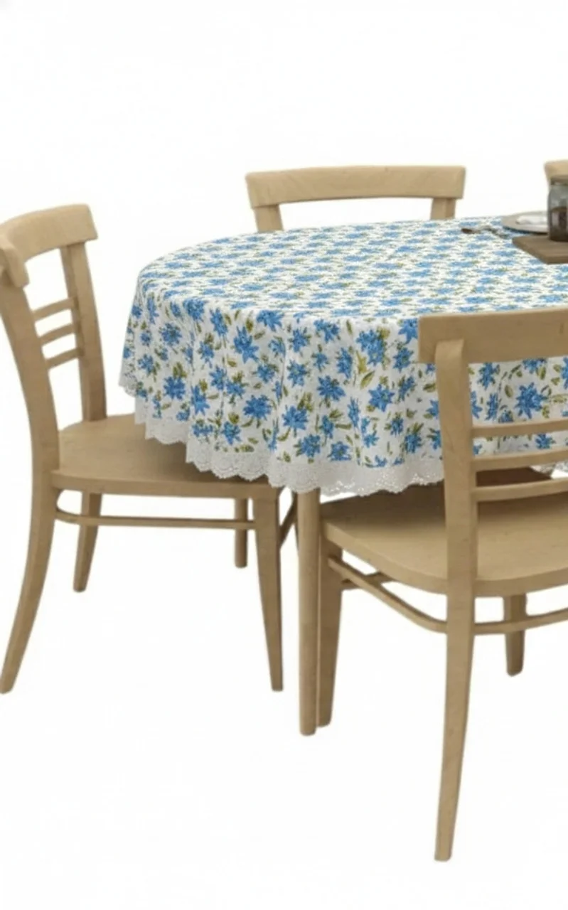 Dynamicdecor PVC 6 Seater Printed Table Cover | Waterproof Oval Dining Table Cloth | Easy Clean Table Protector for Home Decor Blue and Green, Off White   Free Size image 2