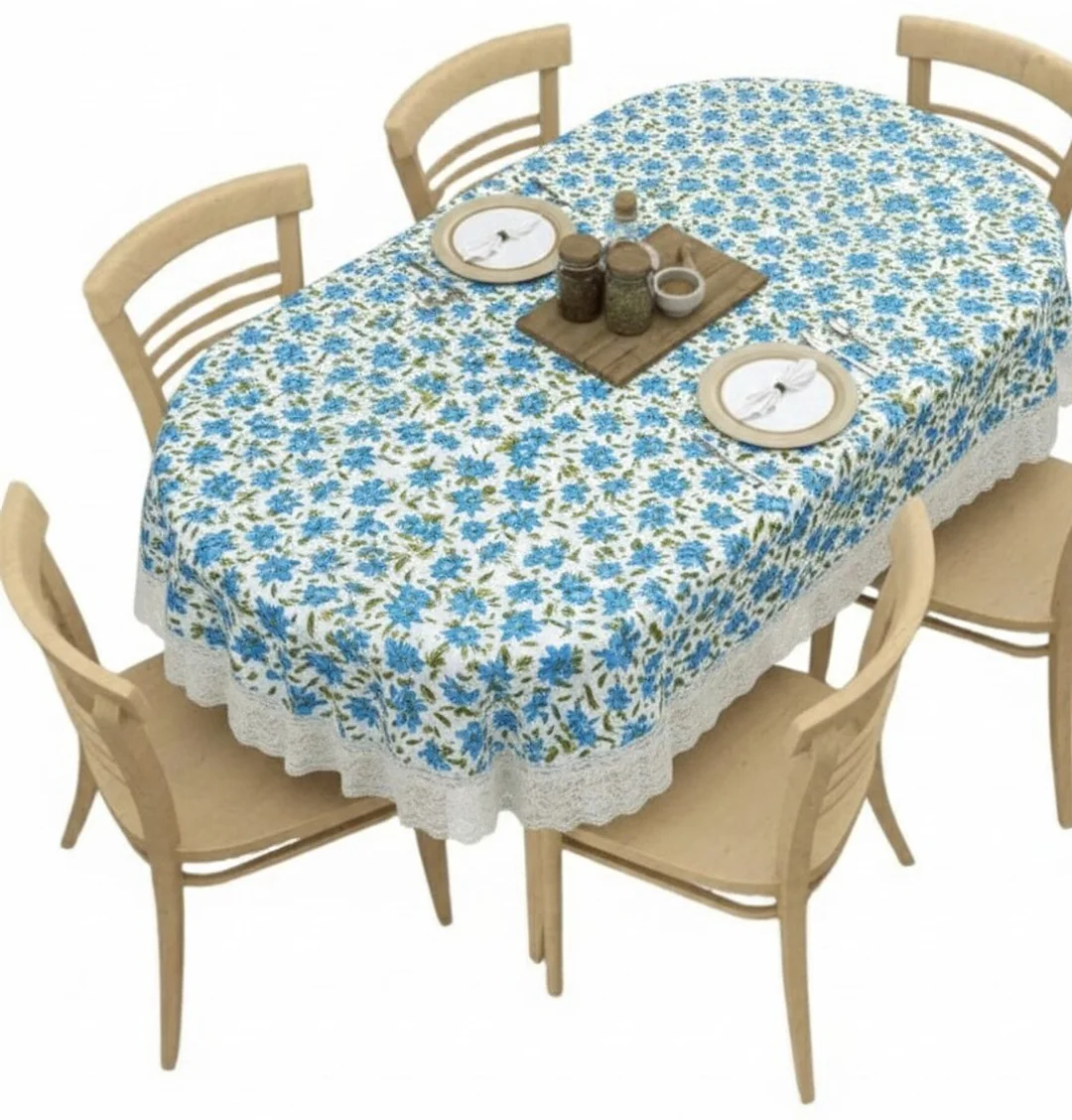 Dynamicdecor PVC 6 Seater Printed Table Cover | Waterproof Oval Dining Table Cloth | Easy Clean Table Protector for Home Decor Blue and Green, Off White   Free Size image 3