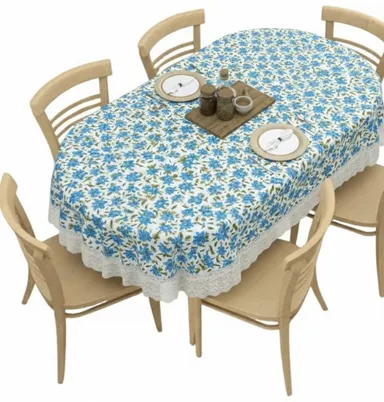 Dynamicdecor PVC 6 Seater Printed Table Cover | Waterproof Oval Dining Table Cloth | Easy Clean Table Protector for Home Decor Blue and Green, Off White   Free Size thumbnail 2