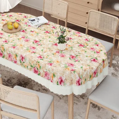 Dynamicdecor PVC 6 Seater Printed Table Cover | Waterproof Oval Dining Table Cloth | Easy Clean Table Protector for Home Decor Multicolor   Free Size thumbnail 1