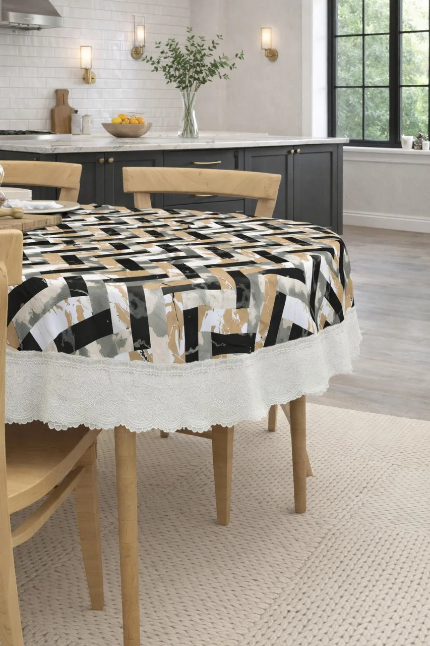 Dynamicdecor PVC 4 Seater Printed Waterproof Dining Table Cover – Easy Clean Table Protector for Home & Kitchen Decor Black, White, Beige   Free Size image 2