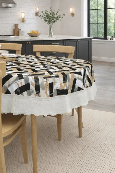 Dynamicdecor PVC 4 Seater Printed Waterproof Dining Table Cover – Easy Clean Table Protector for Home & Kitchen Decor Black, White, Beige   Free Size thumbnail 1