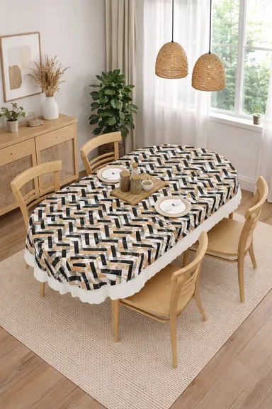 Dynamicdecor PVC 4 Seater Printed Waterproof Dining Table Cover – Easy Clean Table Protector for Home & Kitchen Decor Black, White, Beige   Free Size thumbnail 0