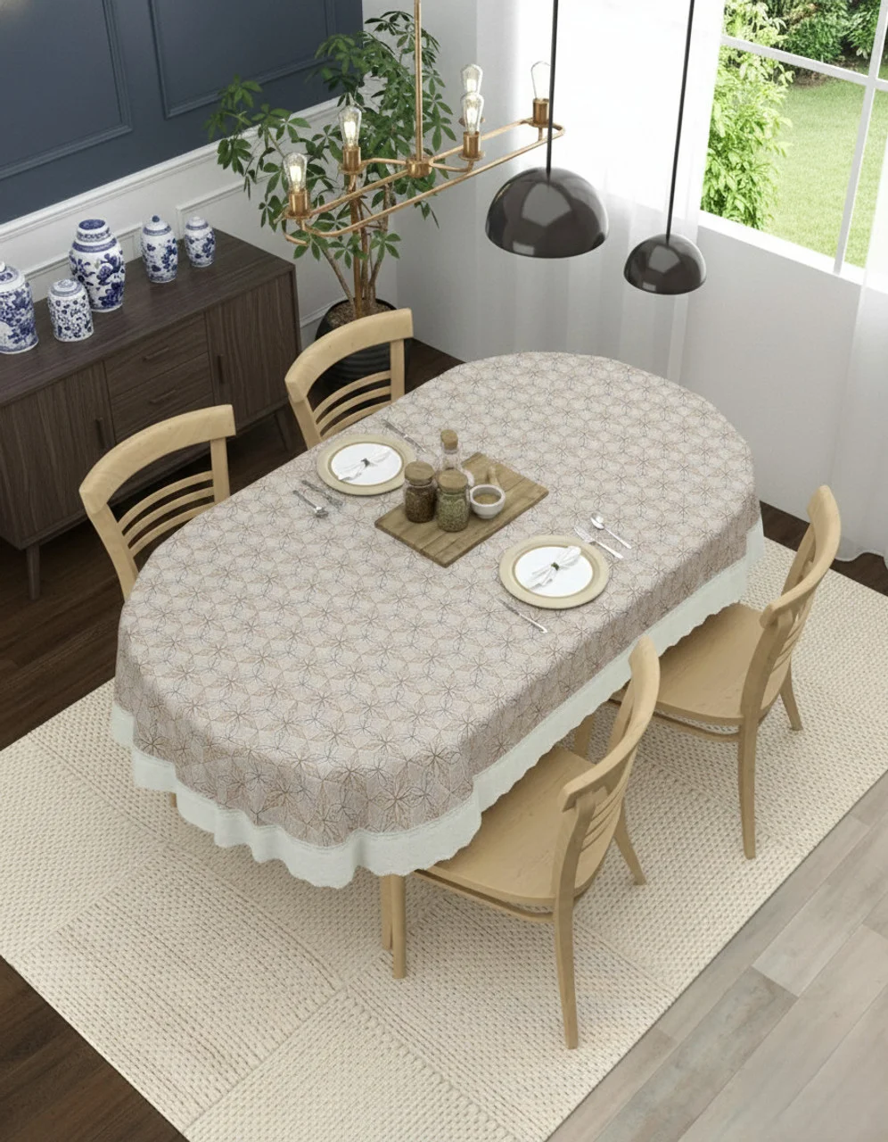 Dynamicdecor PVC 4 Seater Printed Waterproof Dining Table Cover – Easy Clean Table Protector for Home & Kitchen Decor Beige, Browen Free Size image 2