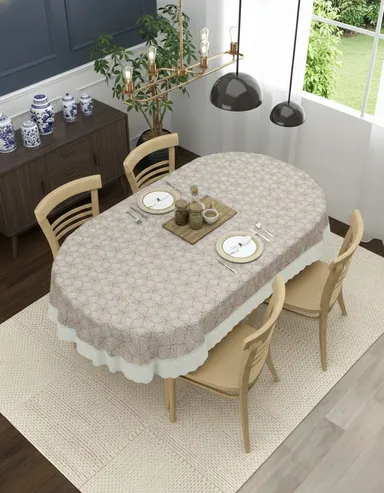 Dynamicdecor PVC 4 Seater Printed Waterproof Dining Table Cover – Easy Clean Table Protector for Home & Kitchen Decor Beige, Browen Free Size thumbnail 1