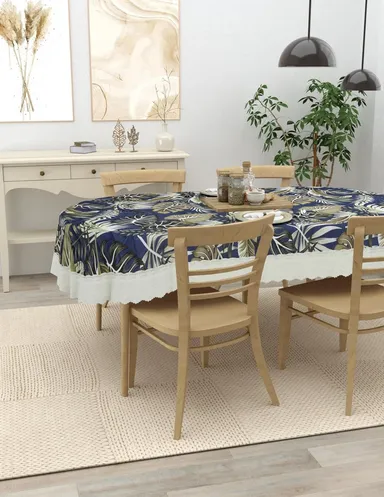 Dynamicdecor PVC 4 Seater Printed Waterproof Dining Table Cover – Easy Clean Table Protector for Home & Kitchen Decor Blue Leaf   Free Size thumbnail 1