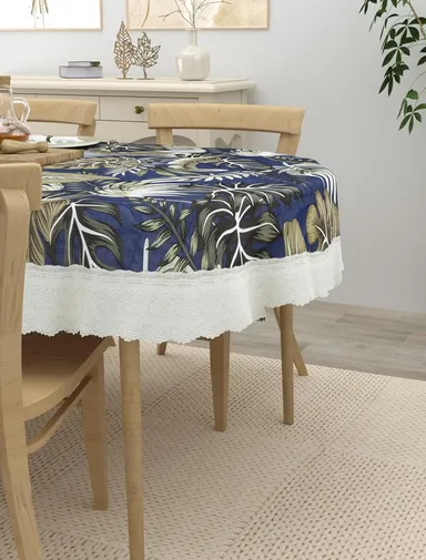 Dynamicdecor PVC 4 Seater Printed Waterproof Dining Table Cover – Easy Clean Table Protector for Home & Kitchen Decor Blue Leaf   Free Size thumbnail 2
