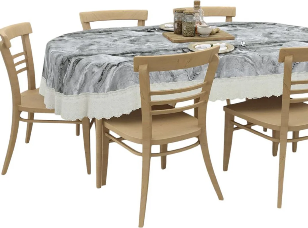 Dynamicdecor PVC 4 Seater Printed Waterproof Dining Table Cover – Easy Clean Table Protector for Home & Kitchen Decor Grey & White (Marble Design)   Free Size image 2