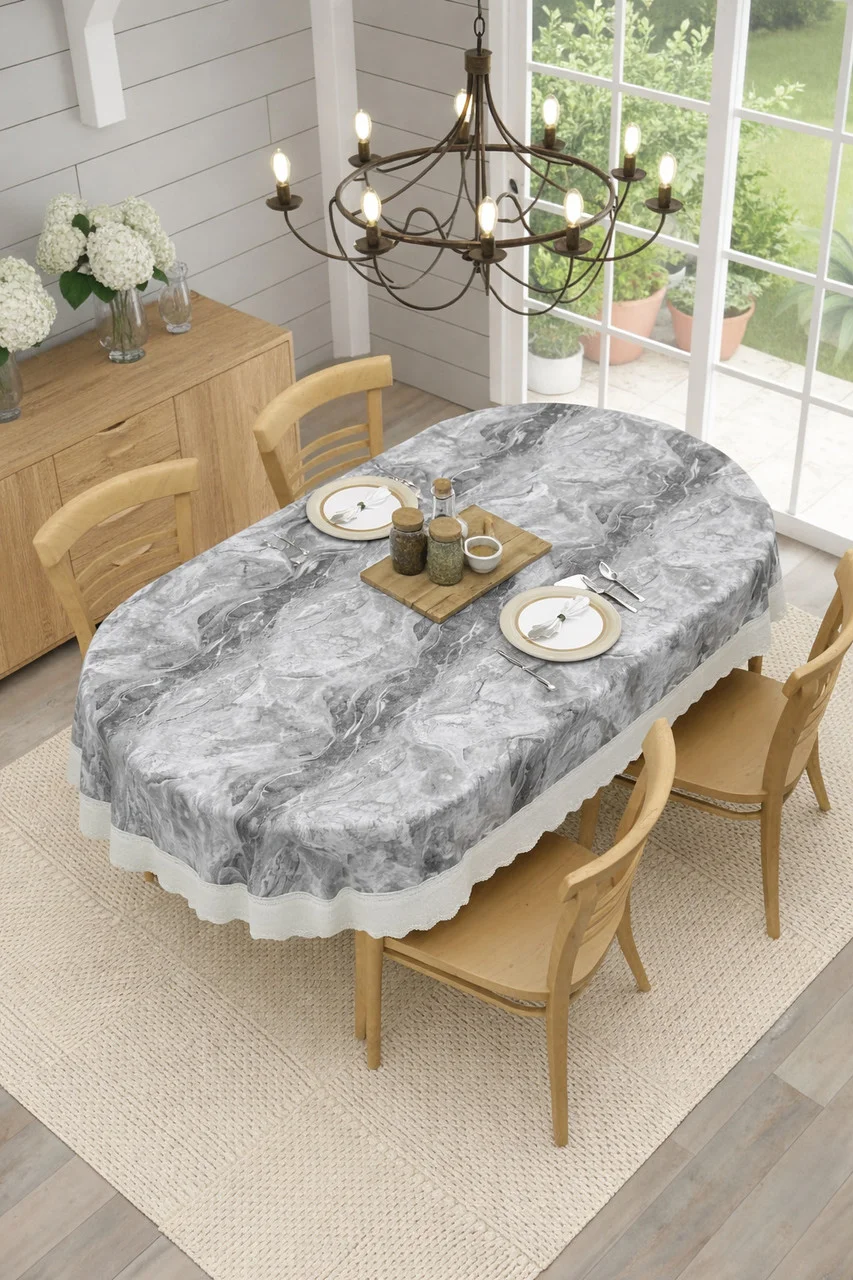 Dynamicdecor PVC 4 Seater Printed Waterproof Dining Table Cover – Easy Clean Table Protector for Home & Kitchen Decor Grey & White (Marble Design)   Free Size image 3