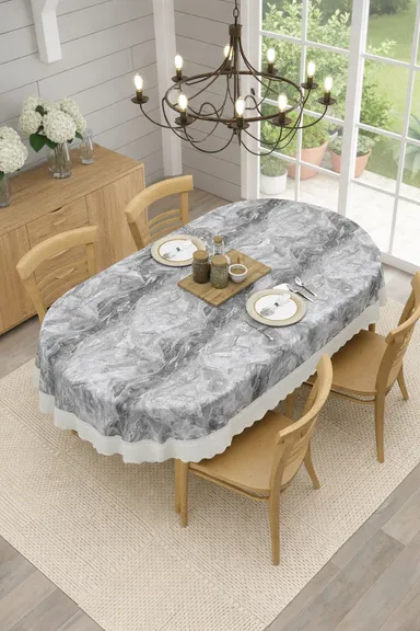Dynamicdecor PVC 4 Seater Printed Waterproof Dining Table Cover – Easy Clean Table Protector for Home & Kitchen Decor Grey & White (Marble Design)   Free Size thumbnail 2