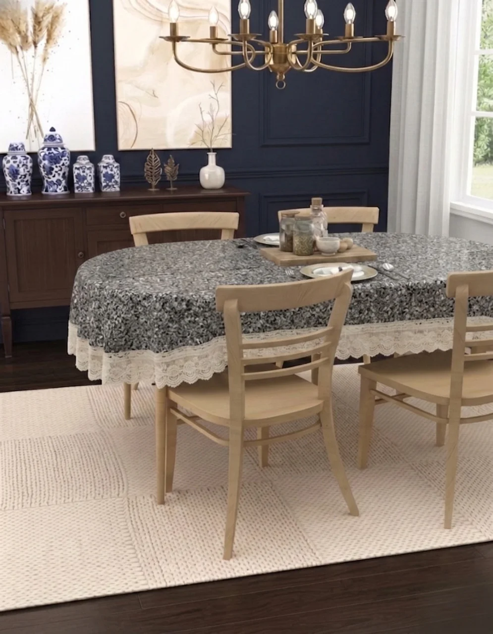 Dynamicdecor PVC 4 Seater Printed Waterproof Dining Table Cover – Easy Clean Table Protector for Home & Kitchen Decor Grey Granite, Silver, Multicolor   Free Size image 2