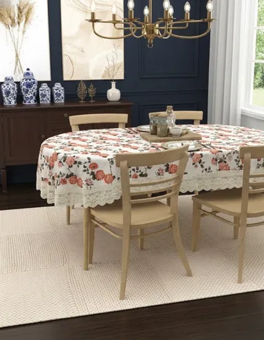 Dynamicdecor PVC 4 Seater Printed Waterproof Dining Table Cover – Easy Clean Table Protector for Home & Kitchen Decor Pink, Cream   Free Size thumbnail 0