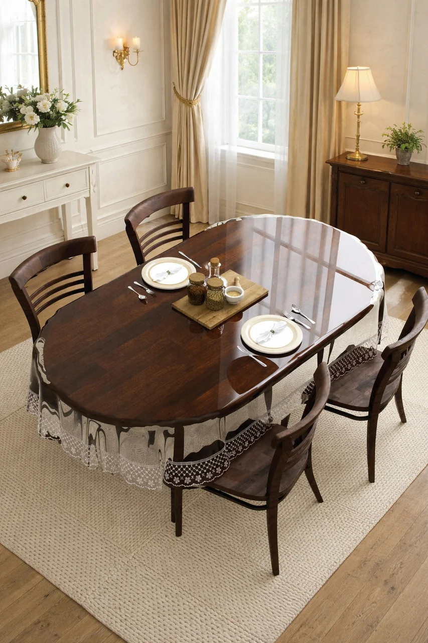 Dynamicdecor PVC 4 Seater Solid Table Cover | Waterproof & Easy Clean Dining Table Protector Silver Tipping Lace & Transparent   Free Size image 3