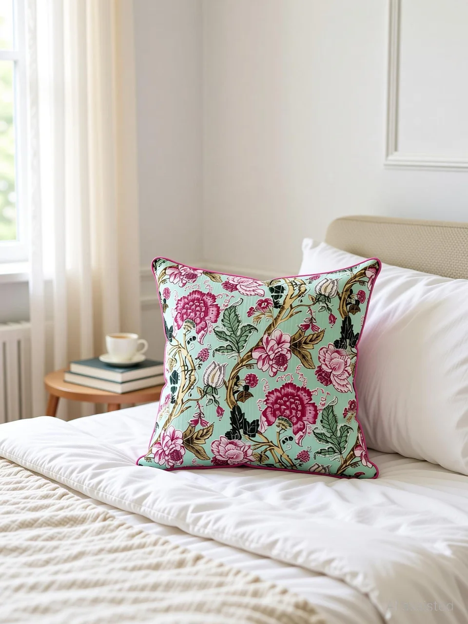Dynamic Decor Mint Green and Pink Cotton Floral Print Decorative Cushion Covers 18x18 Inch (Pack of 2) image 2