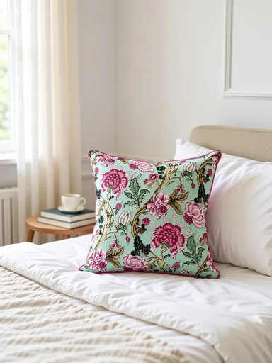 Dynamic Decor Mint Green and Pink Cotton Floral Print Decorative Cushion Covers 18x18 Inch (Pack of 2) thumbnail 1