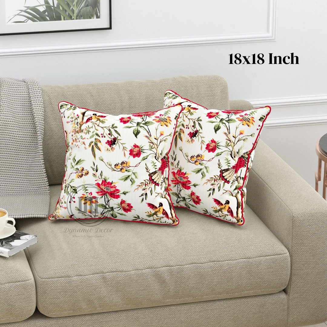 Dynamic Decor Bird and Floral Print Multicolour Cotton Cushion Covers (18x18 Inch, Set of 2) image 2