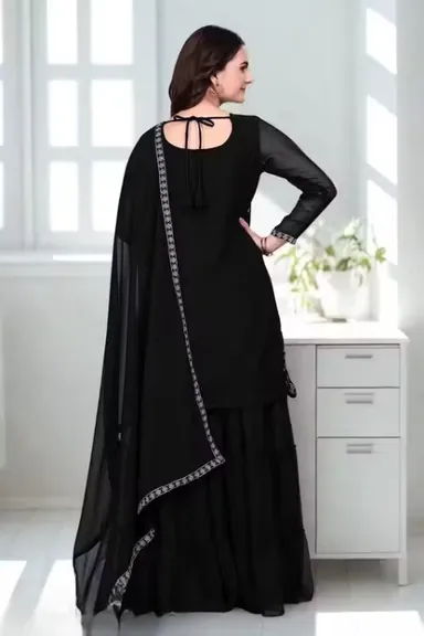 Black Sharara Kurti Palazzo Set with Dupatta for Women & Girls | Ethnic Party Wear Embroidered Kurta Sharara Suit Set | Festive Wedding Traditional Indian Outfit Black M thumbnail 3