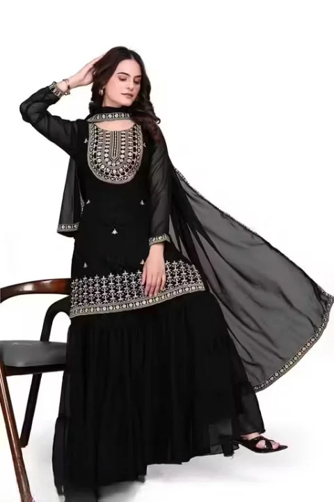Black Sharara Kurti Palazzo Set with Dupatta for Women & Girls | Ethnic Party Wear Embroidered Kurta Sharara Suit Set | Festive Wedding Traditional Indian Outfit Black M image 1