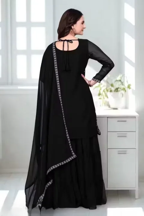 Black Sharara Kurti Palazzo Set with Dupatta for Women & Girls | Ethnic Party Wear Embroidered Kurta Sharara Suit Set | Festive Wedding Traditional Indian Outfit Black L image 4
