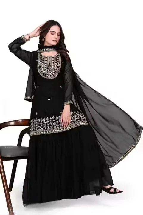 Black Sharara Kurti Palazzo Set with Dupatta for Women & Girls | Ethnic Party Wear Embroidered Kurta Sharara Suit Set | Festive Wedding Traditional Indian Outfit Black XL image 2