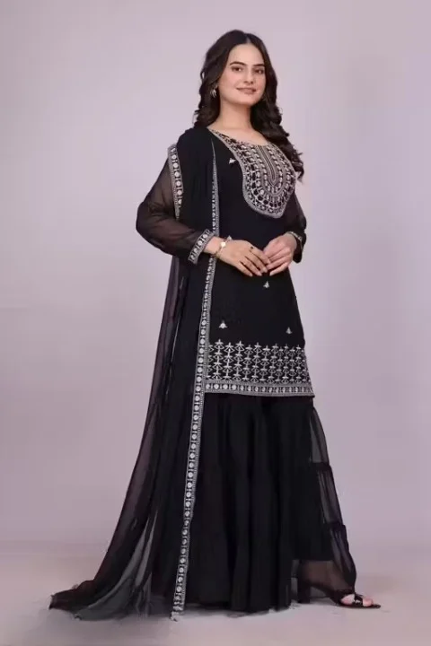 Black Sharara Kurti Palazzo Set with Dupatta for Women & Girls | Ethnic Party Wear Embroidered Kurta Sharara Suit Set | Festive Wedding Traditional Indian Outfit Black XL image 3