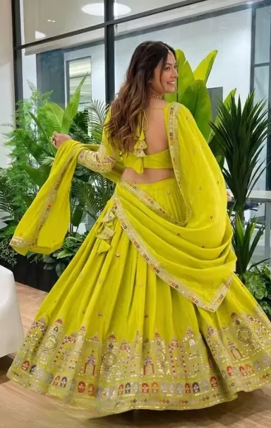 Designer Lehenga Choli for Women Wedding Wear Embroidered Party Wear Bridal Lehenga Choli Set with Dupatta Traditional Festive Ethnic Wear Ghagra Choli for Navratri Reception Engagement Functions Yellow Free Size thumbnail 2