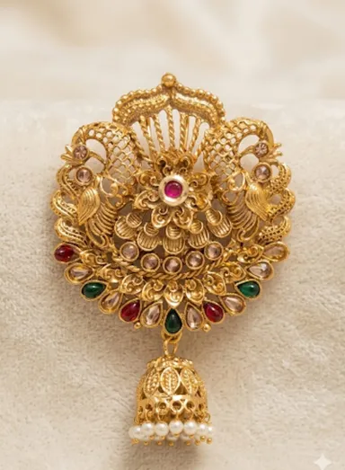 Traditional Gold-Plated Kemp Stone Peacock Hair Choti Billa Bridal Hair Brooch with Jhumka Drop for Bharatanatyam Kuchipudi Wedding Bridal Juda Braid Accessories for Women thumbnail 1