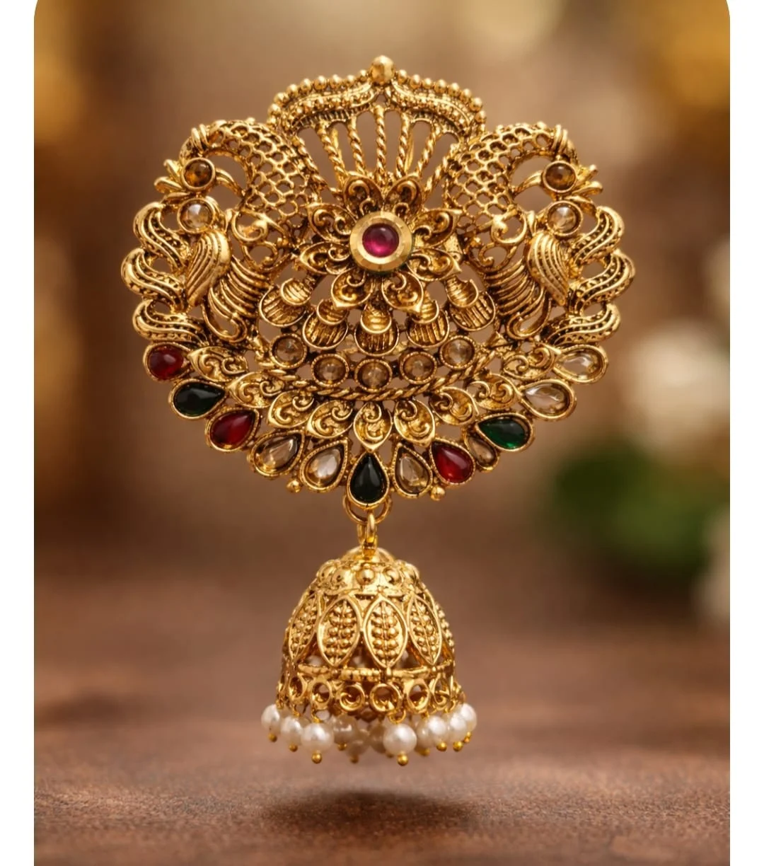 Traditional Gold-Plated Kemp Stone Peacock Hair Choti Billa Bridal Hair Brooch with Jhumka Drop for Bharatanatyam Kuchipudi Wedding Bridal Juda Braid Accessories for Women image 3