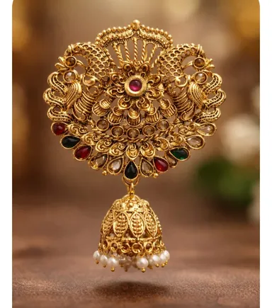 Traditional Gold-Plated Kemp Stone Peacock Hair Choti Billa Bridal Hair Brooch with Jhumka Drop for Bharatanatyam Kuchipudi Wedding Bridal Juda Braid Accessories for Women thumbnail 2